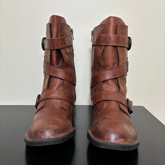 Born Leather Moto Boots Women’s 7.5 Brown Buckle Zip Rugged Comfort - Picture 3 of 8